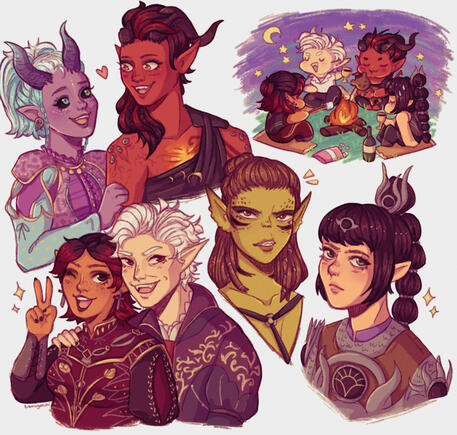 Doodles of Various Baldur's Gate 3 characters and my Tav's. 2024.