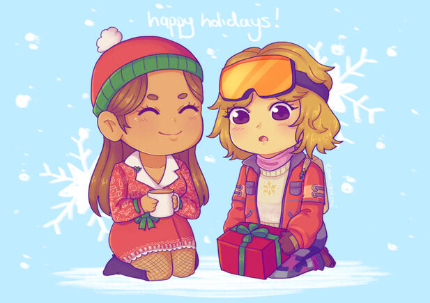 Christmas illustration of Jane Romero and Yui Kimura from Dead by Daylight in their holiday skins. 2023.